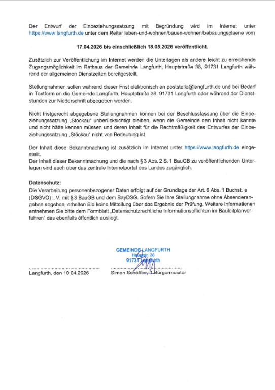 Bekanntmachung über die Aufstellung der Einbeziehungssatzung Stöckau Seite2