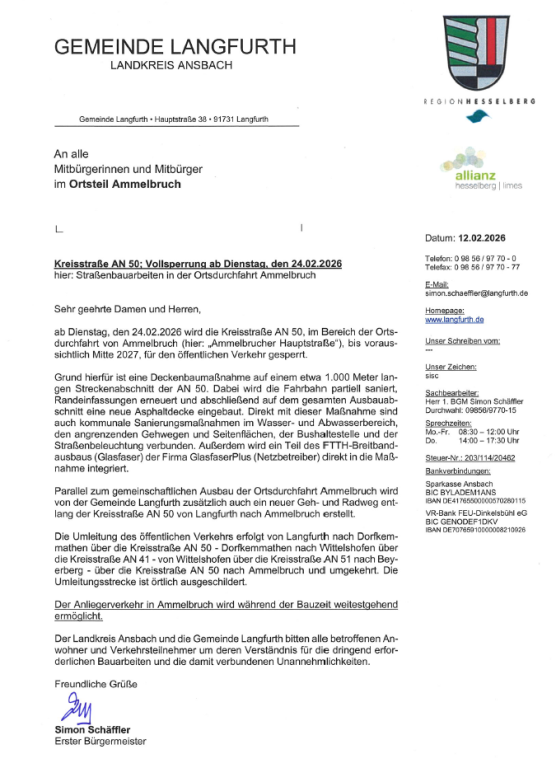 Kreisstraße AN50; Vollsperrung ab Dienstag, den 24.02.2026 - Straßenbauarbeiten in der Ortsdurchfahrt Ammelbruch