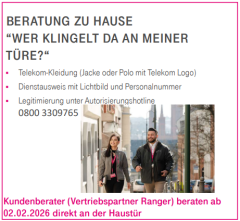 FTTH-Breitbandausbau - Haustürberatung (Deutsche Telekom GmbH) ab 02.02.26 Nr. 1